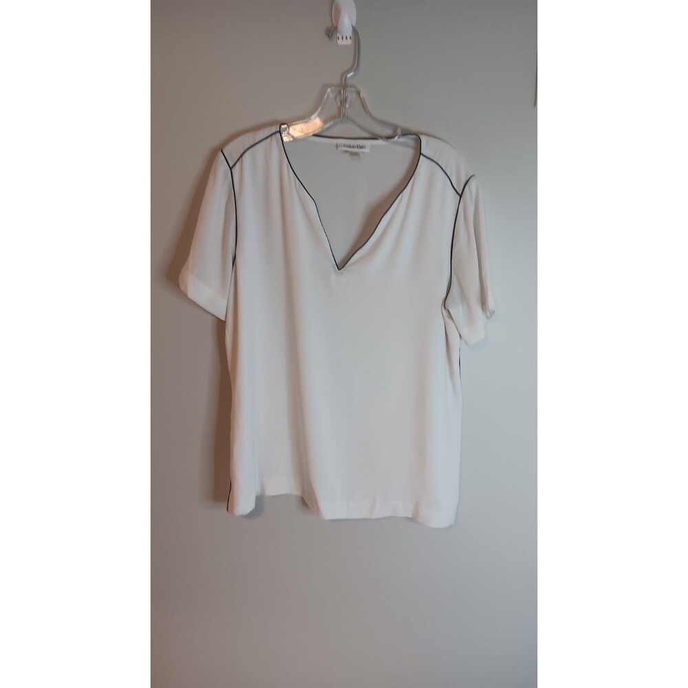 Calvin Klein White Blouse Top Sz Large Black Piping